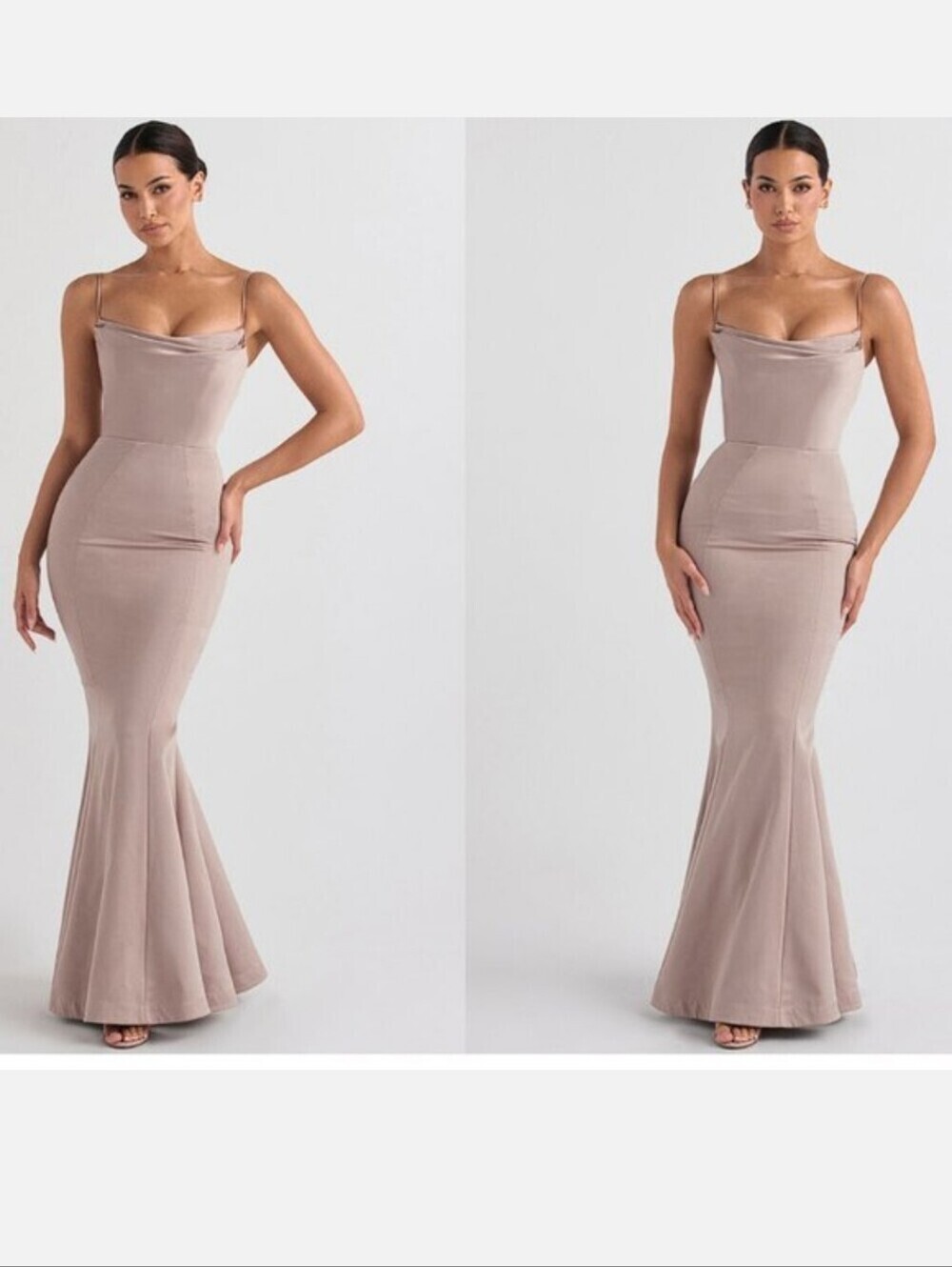 New HOUSE OF CB 'Violette' Satin Mermaid Fishtail Gown In Mushroom Sz Medium